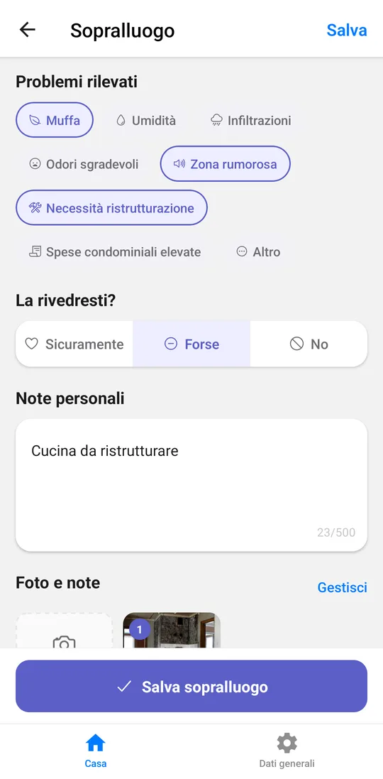 Schermata del sopralluogo in Apc con problemi rilevati come muffa e zona rumorosa, note personali e foto